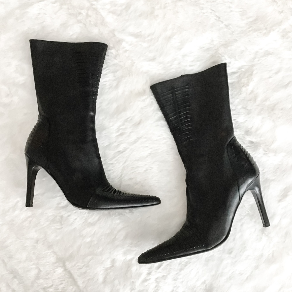Kenneth Cole Black Pointed-Toe Stiletto Mid-Calf Boots